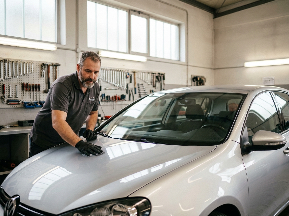 Expert automobile inspectant la carrosserie protégée d'une voiture en atelier avant expertise de revente