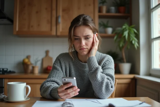 Femme agacée regardant un appel entrant inconnu sur son smartphone, illustrant les appels indésirables du 0270