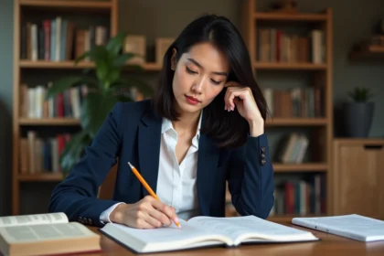 Femme studieuse relisant un document grammatical à son bureau avec des livres de français ouverts