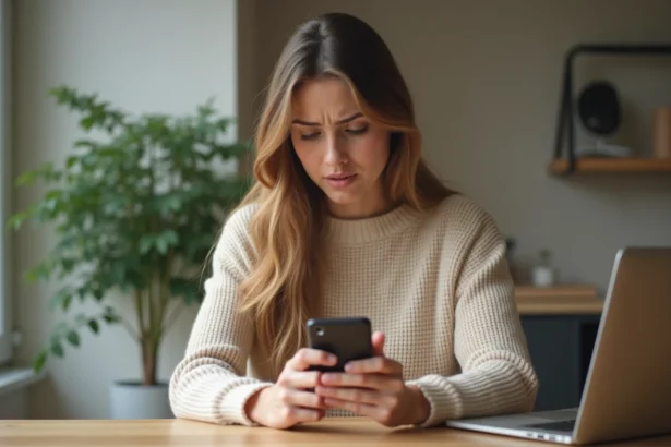 Jeune femme frustrée tentant de résoudre un problème sur son smartphone avec une application de stories qui ne fonctionne plus