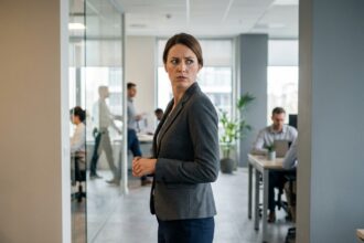 Femme en tenue professionnelle dans un couloir de bureau moderne, regardant par-dessus son épaule avec une expression de malaise subtil, illustrant la tension entre apparence professionnelle et sécurité personnelle.