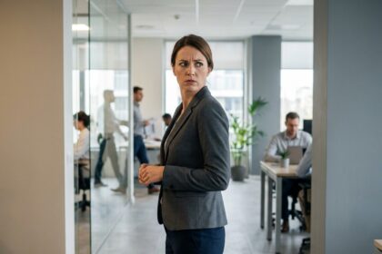Femme en tenue professionnelle dans un couloir de bureau moderne, regardant par-dessus son épaule avec une expression de malaise subtil, illustrant la tension entre apparence professionnelle et sécurité personnelle.