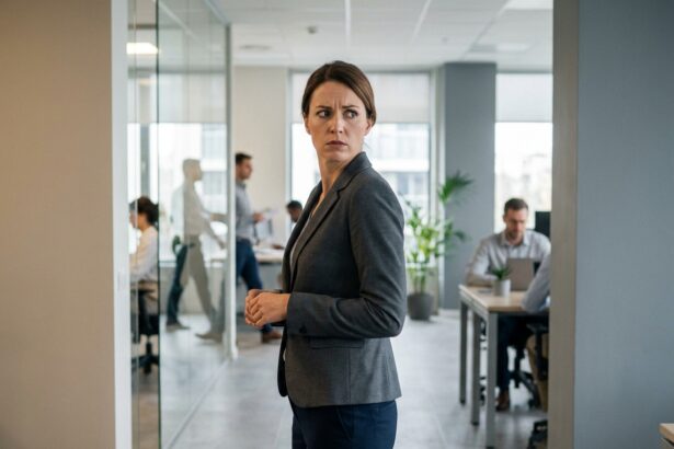 Femme en tenue professionnelle dans un couloir de bureau moderne, regardant par-dessus son épaule avec une expression de malaise subtil, illustrant la tension entre apparence professionnelle et sécurité personnelle.