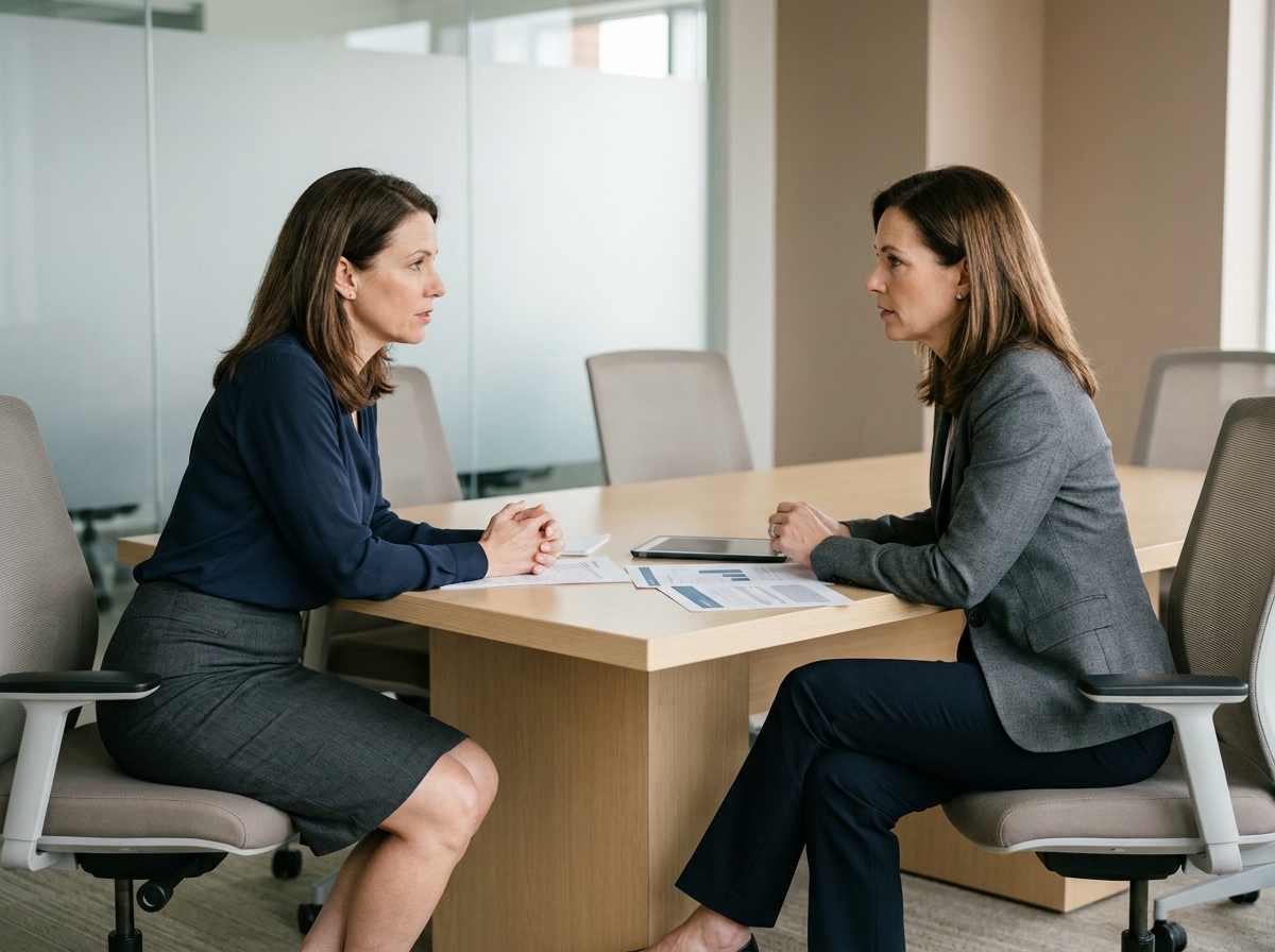 Deux femmes en tenue professionnelle discutant sérieusement dans une salle de réunion moderne, évoquant un échange sur les politiques de sécurité et les limites de la tenue vestimentaire en entreprise.