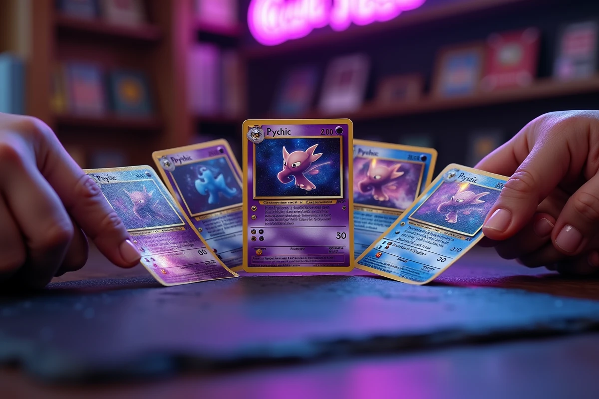 Gros plan de cinq cartes Pokémon type Psy aux reflets violets et argentés disposées en éventail sur une surface ardoise dans une boutique de jeux