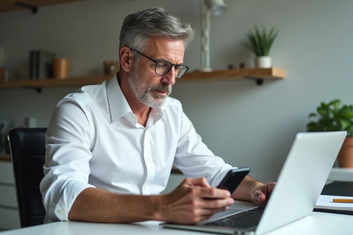 Homme consultant une application de filtrage d'appels sur son téléphone dans un bureau à domicile pour bloquer les numéros 0270