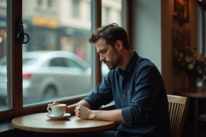 Homme seul attablé dans un café parisien, regard introspectif, illustrant le respect de la vie privée