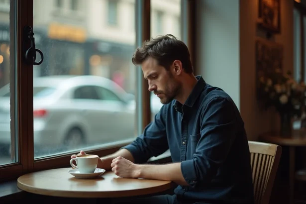 Homme seul attablé dans un café parisien, regard introspectif, illustrant le respect de la vie privée