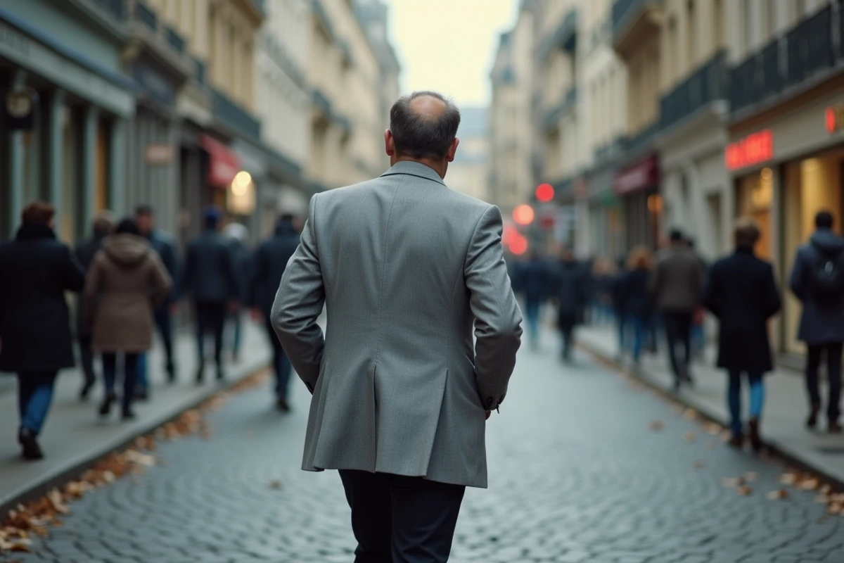 Homme de dos marchant seul dans une rue pavée parisienne en automne, métaphore du droit à l'anonymat et à la vie privée