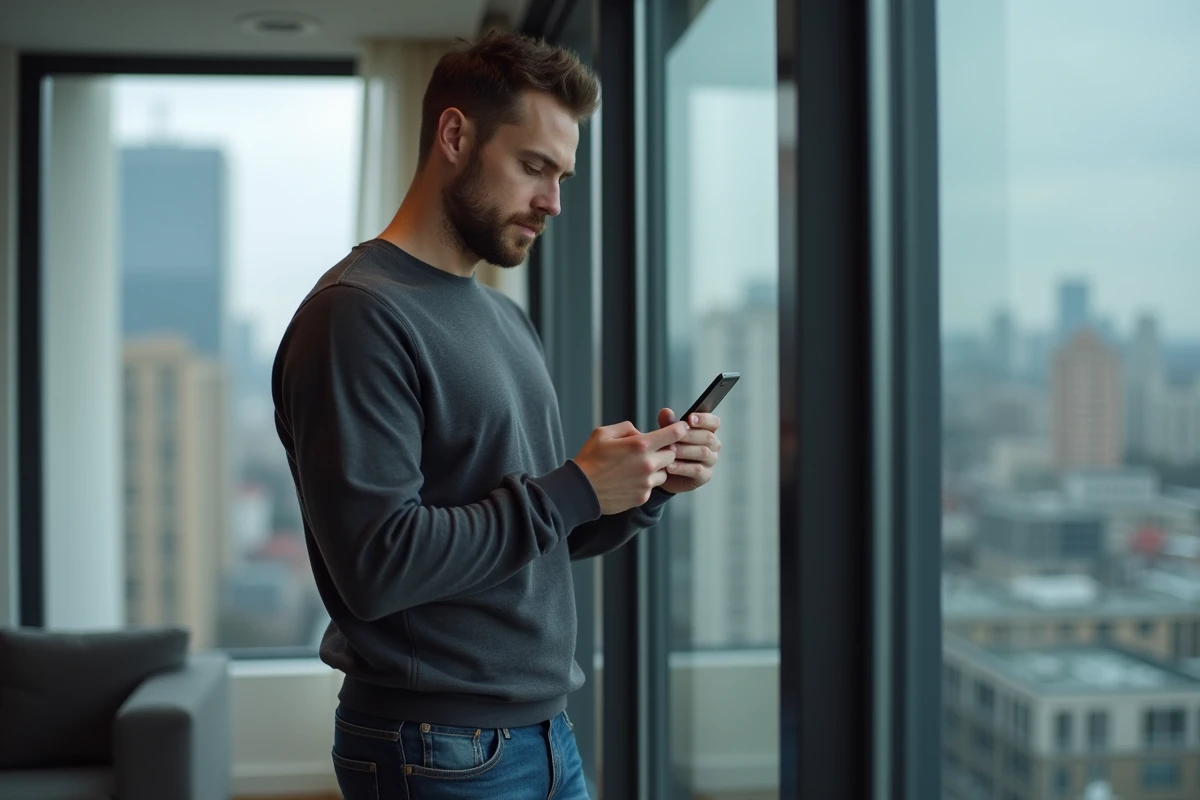 Homme cherchant des alternatives à Storieig sur son téléphone portable depuis son appartement moderne