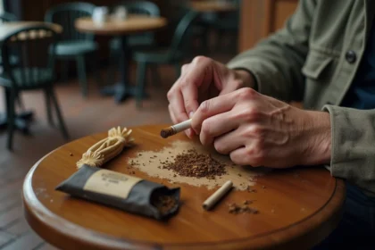 Homme roulant une cigarette avec du tabac à rouler dans un café français, pochette de tabac et filtres sur la table en bois