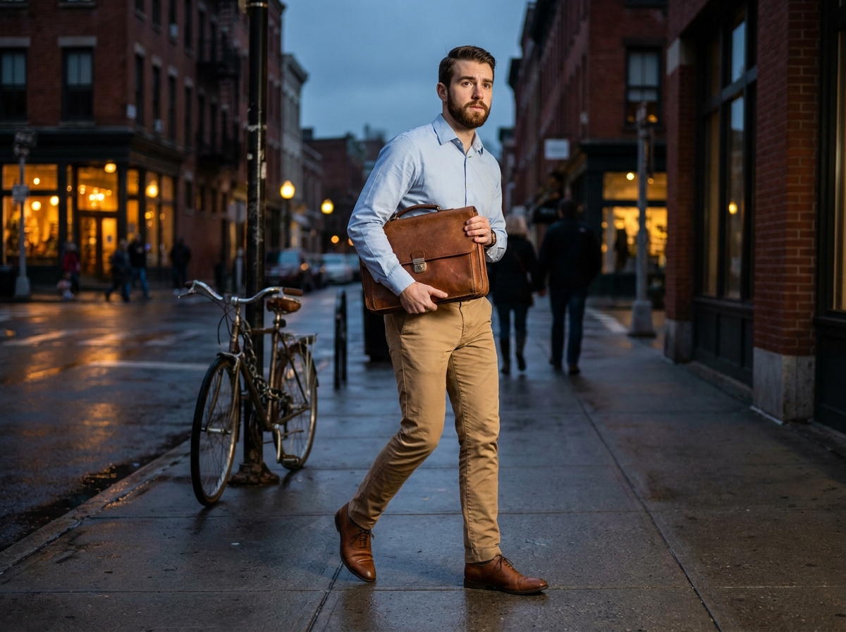 Homme en tenue business casual marchant prudemment dans une rue urbaine au crépuscule après le travail, illustrant la vigilance personnelle dans un contexte professionnel quotidien.