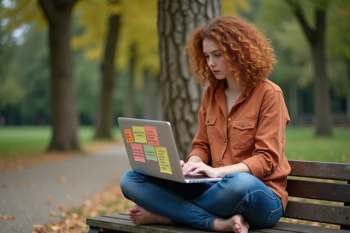 Jeune femme révisant des expressions françaises sur son ordinateur portable dans un parc en automne