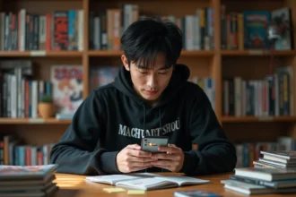 Jeune homme lisant le scan Black Clover sur smartphone entouré de mangas dans sa chambre