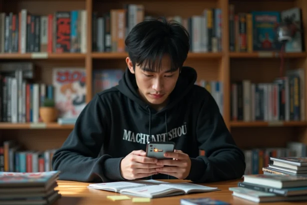 Jeune homme lisant le scan Black Clover sur smartphone entouré de mangas dans sa chambre