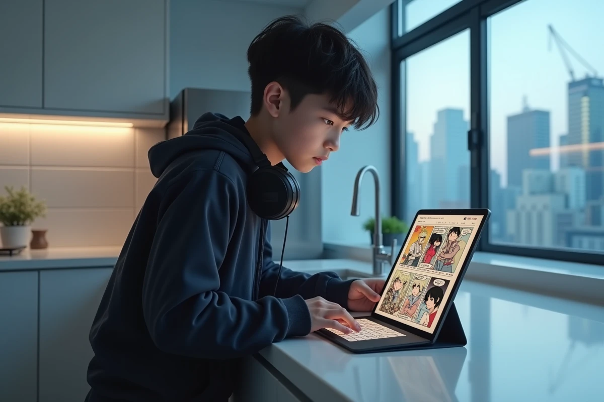 Adolescent consultant un site de scan manga sur tablette dans une cuisine moderne avec vue urbaine