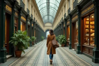Femme se promenant dans un passage couvert parisien avec sol en mosaïque et verrière en fer forgé ancien