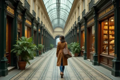 Femme se promenant dans un passage couvert parisien avec sol en mosaïque et verrière en fer forgé ancien