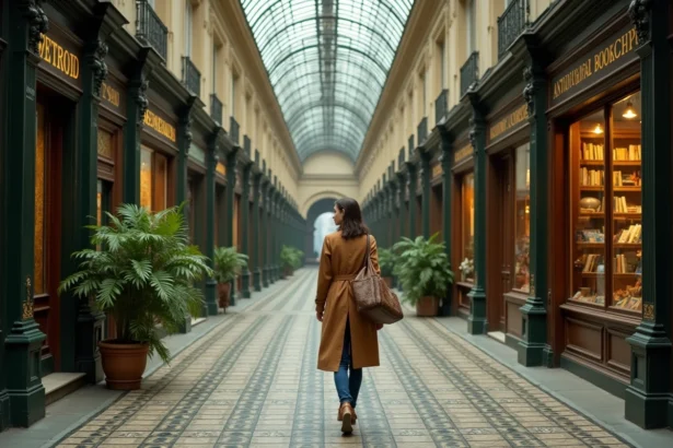 Femme se promenant dans un passage couvert parisien avec sol en mosaïque et verrière en fer forgé ancien