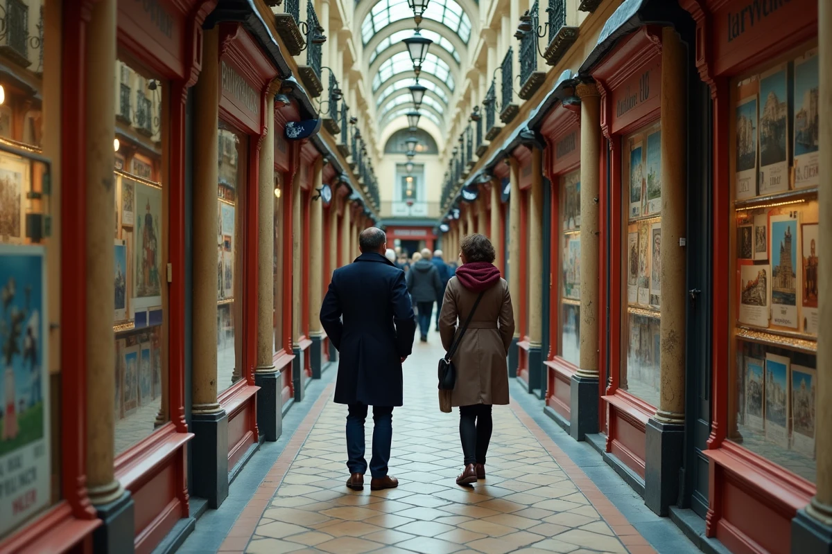 Vue en plongée d'un passage couvert parisien avec des visiteurs devant une boutique de cartes postales vintage