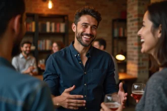 Homme racontant une blague salace avec humour lors d'une soirée entre amis dans un salon chaleureux