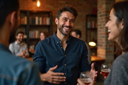 Homme racontant une blague salace avec humour lors d'une soirée entre amis dans un salon chaleureux