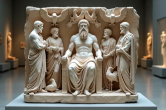 Relief en marbre antique représentant Zeus trônant au centre d'un arbre généalogique de divinités olympiennes dans un musée archéologique