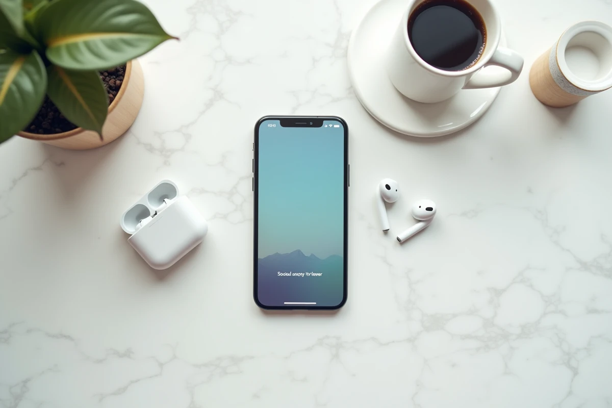 Smartphone posé sur un plan de travail en marbre affichant une erreur sur une application de stories avec des accessoires du quotidien