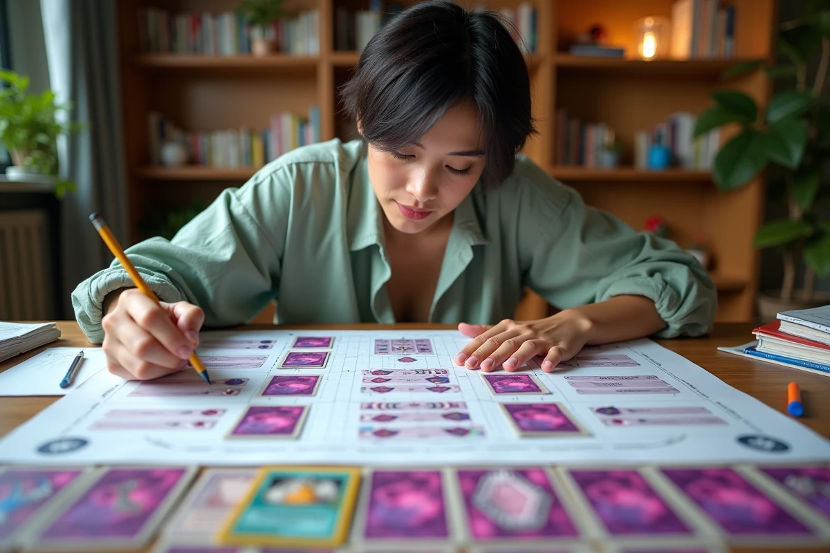 Femme adulte analysant une stratégie de combat Pokémon type Psy avec des cartes violettes et roses organisées sur une grande table en bois
