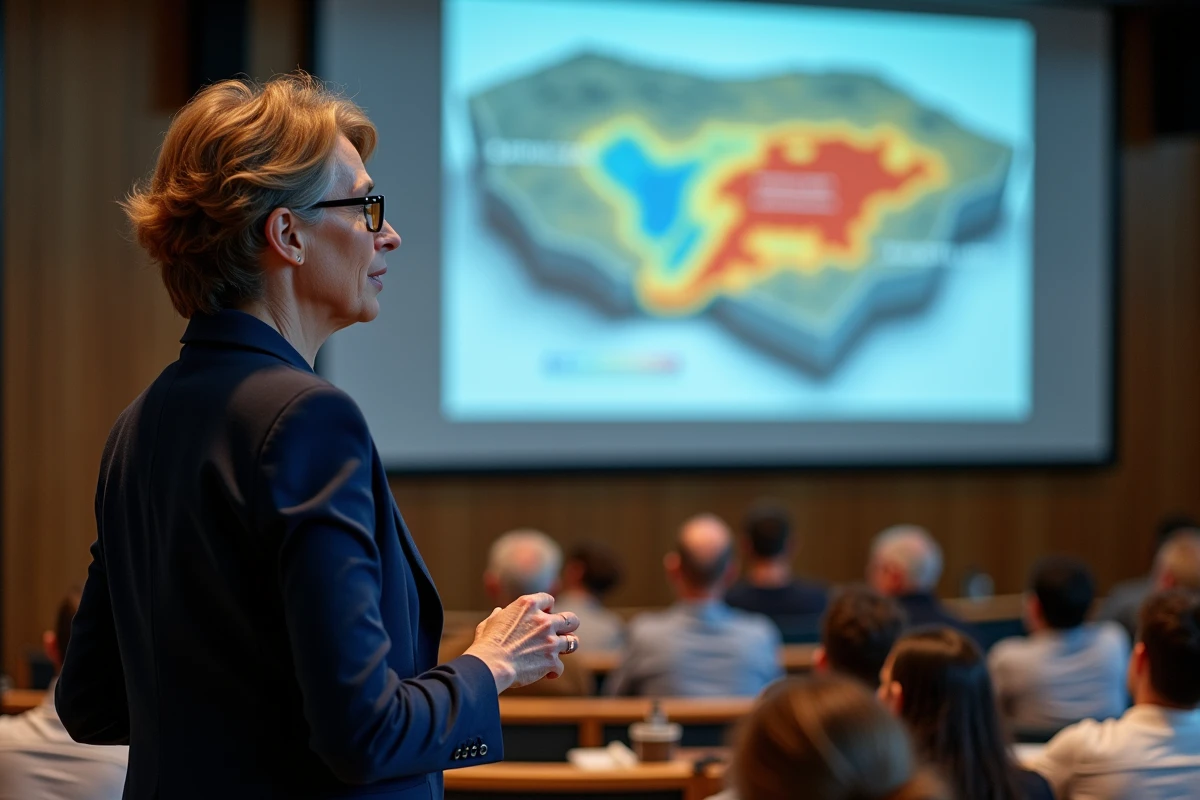 Volcanologue expliquant l'éruption de l'Etna lors d'une conférence scientifique avec carte sismique projetée