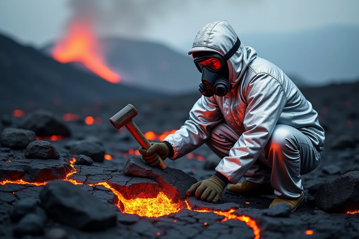 Volcanologue en combinaison de protection analysant une coulée de lave active sur les flancs de l'Etna en Sicile