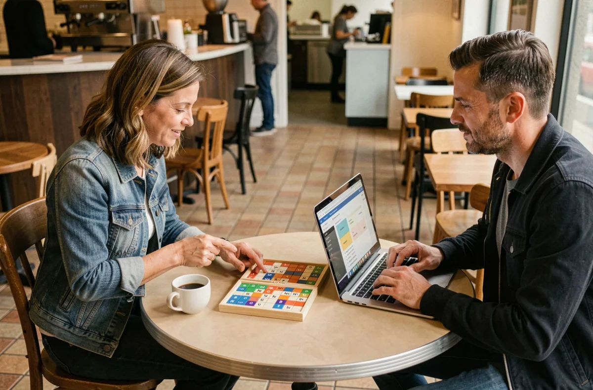 Deux amis vérifiant un mot valide au Scrabble dans un café avec un ordinateur portable