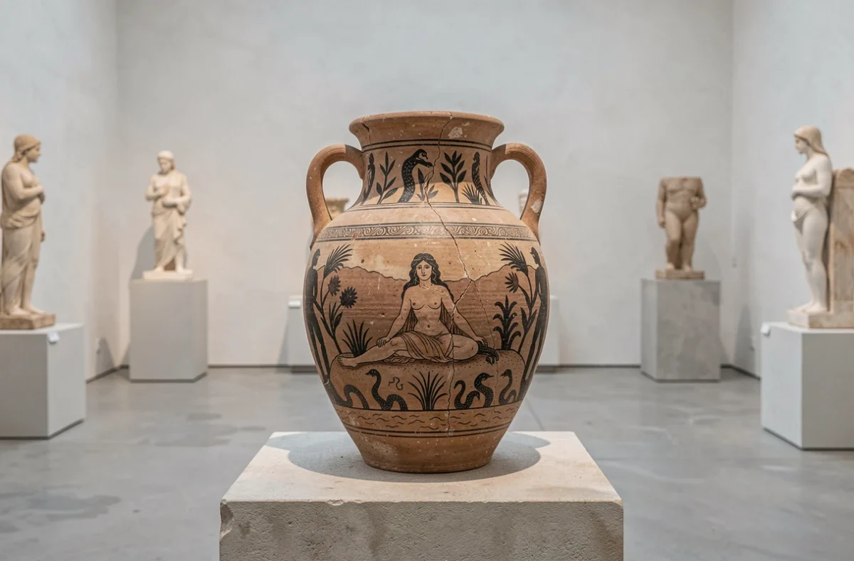 Amphore grecque antique à figures noires représentant une déesse terrestre dans un musée d'archéologie