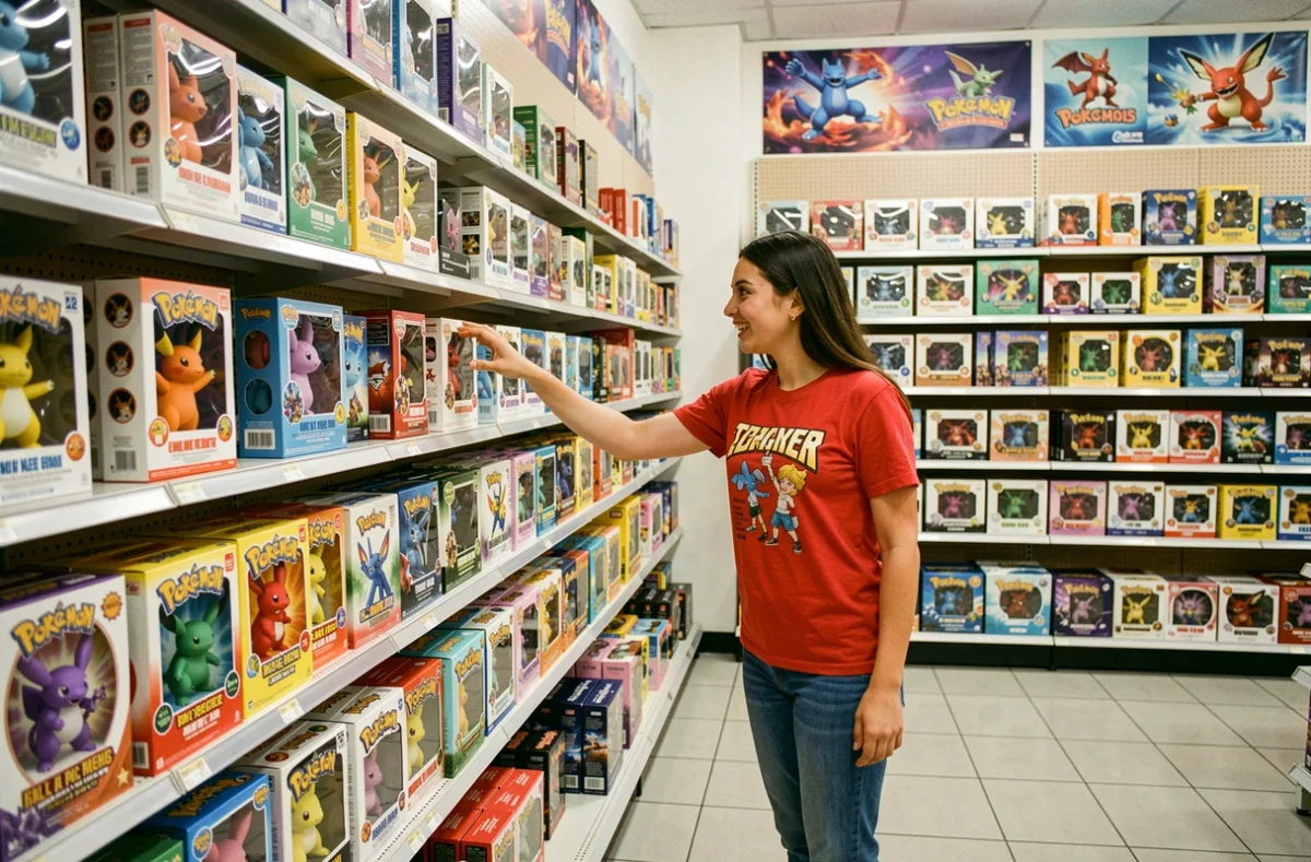 Jeune femme explorant un mur de produits dérivés Pokémon dans une boutique de jeux spécialisée