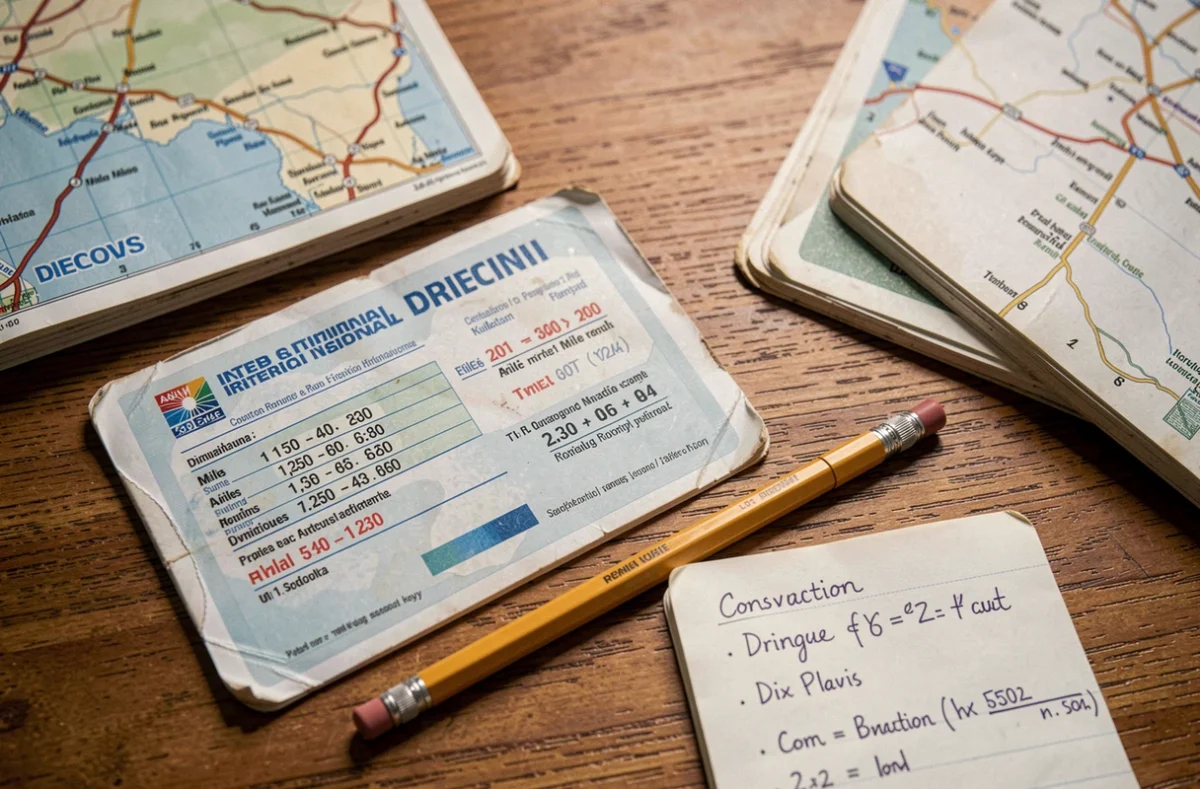 Vue de dessus d'un bureau avec un permis de conduire international, un atlas routier et des notes de conversion miles en kilomètres