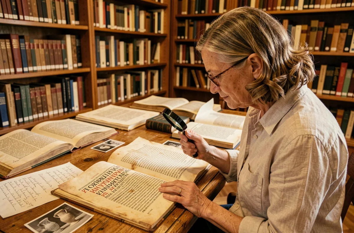 Chercheuse en études classiques analysant un manuscrit grec ancien sur la mythologie de Gaïa dans une bibliothèque universitaire