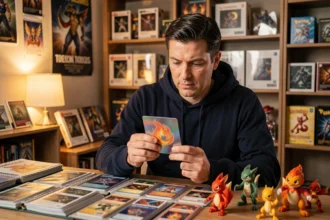 Collectionneur adulte tenant une carte holographique Pokémon avec motif flamme dans une salle de collection organisée