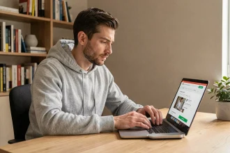 Homme comparant Fusov et sites alternatifs sur un ordinateur portable dans un bureau à domicile moderne