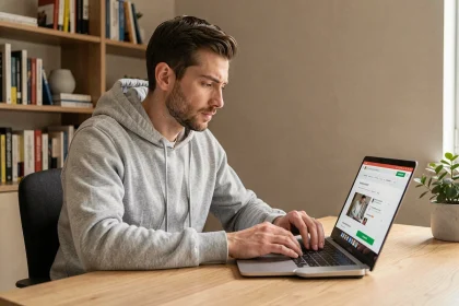 Homme comparant Fusov et sites alternatifs sur un ordinateur portable dans un bureau à domicile moderne