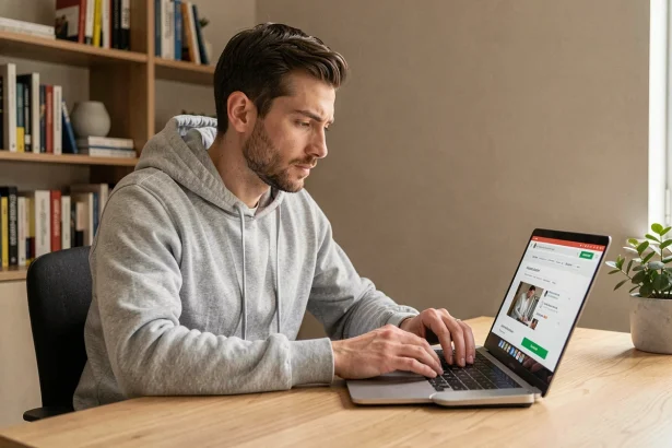 Homme comparant Fusov et sites alternatifs sur un ordinateur portable dans un bureau à domicile moderne