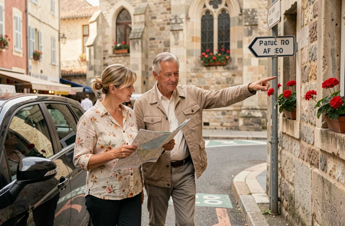 Couple cherchant le parking pour le marché d'Argelès-Gazost dans une rue de village pyrénéen