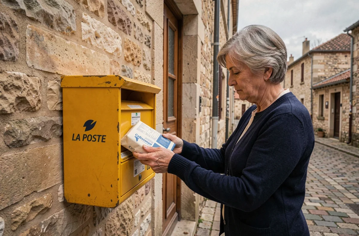 Femme déposant un colis Colissimo dans une boîte aux lettres jaune La Poste dans un village français