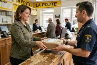 Femme déposant un colis Colissimo au guichet d'un bureau de poste La Poste en France