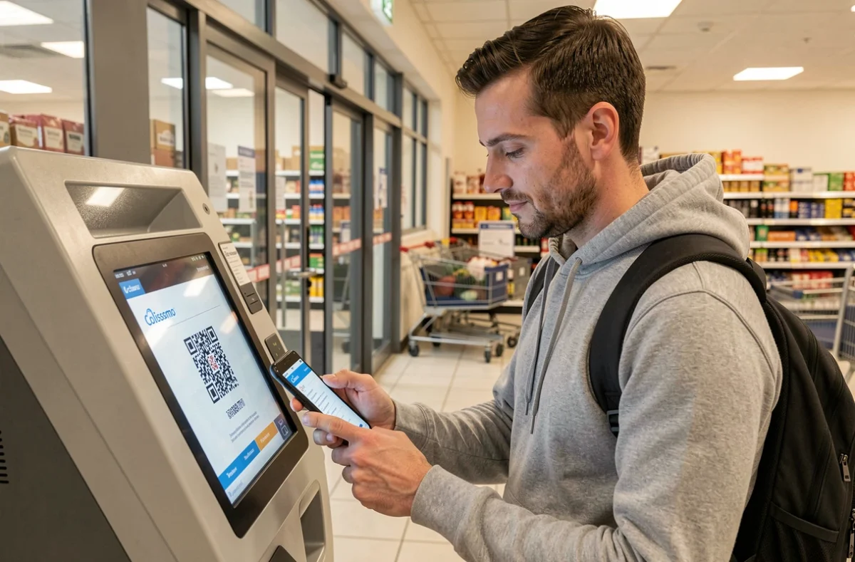 Homme déposant un colis Colissimo dans un point relais avec terminal automatique en supermarché