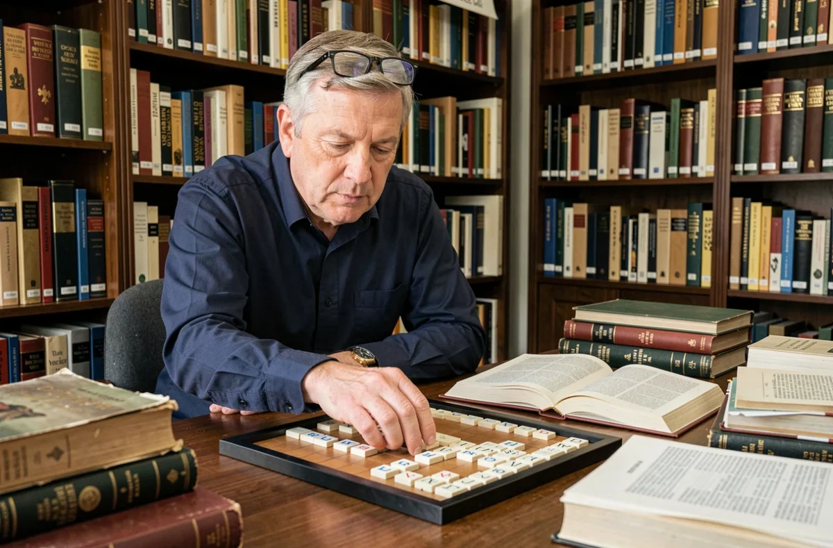Homme consultant un dictionnaire officiel pour valider un mot au Scrabble