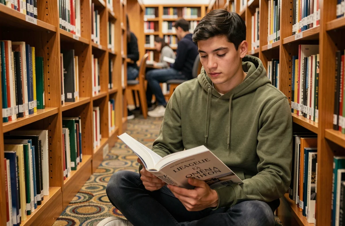 Étudiant lisant un manuel de grammaire française sur le participe passé dans une bibliothèque universitaire