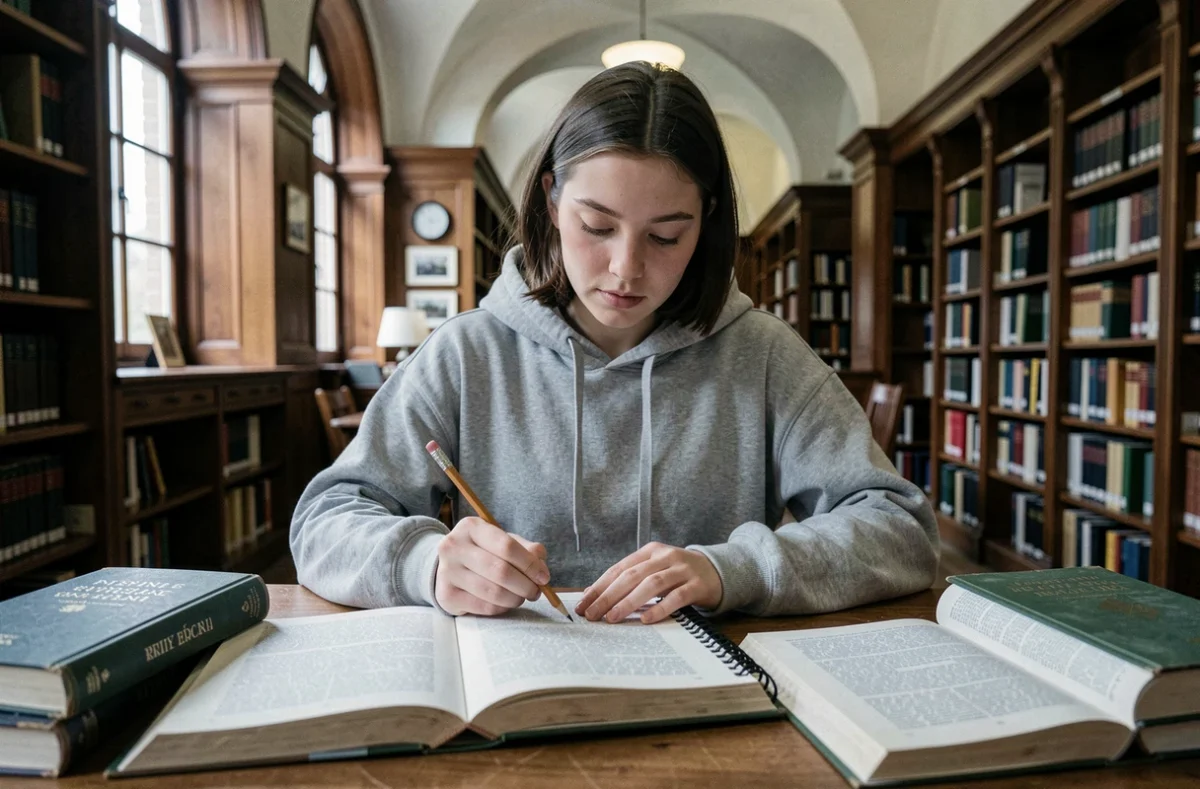 Étudiante cherchant des rimes en i dans des dictionnaires de rimes à la bibliothèque universitaire