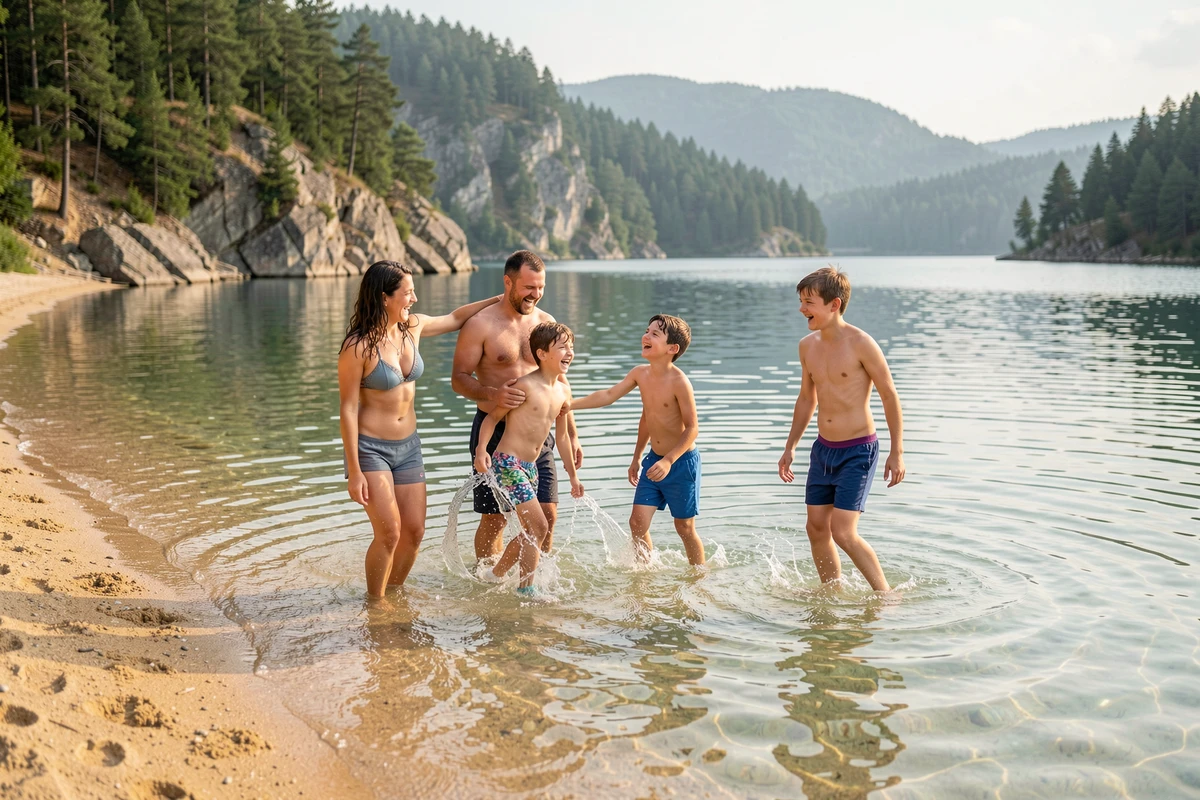 Famille profitant de la baignade en eaux peu profondes sur la plage naturelle du lac de Vassivière en été
