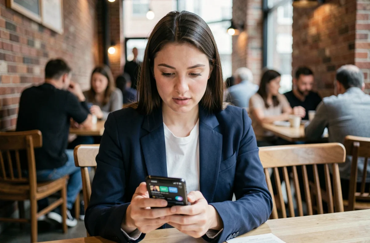 Jeune femme évaluant des plateformes alternatives à Fusov sur son smartphone dans un café urbain
