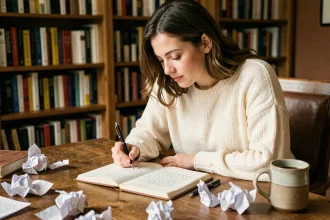 Jeune femme écrivant un poème avec des rimes dans un carnet ouvert sur un bureau en bois entouré de livres de poésie
